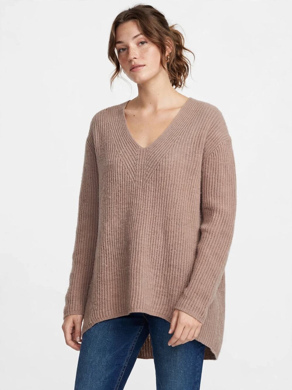 Madewell 100% Merino Wool Sweater Size S Taupe Ribbed High Low Hem Oversized